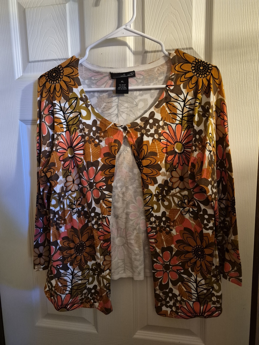 Willi Smith Floral Open-Front Cardigan in Orange, Pink, Brown